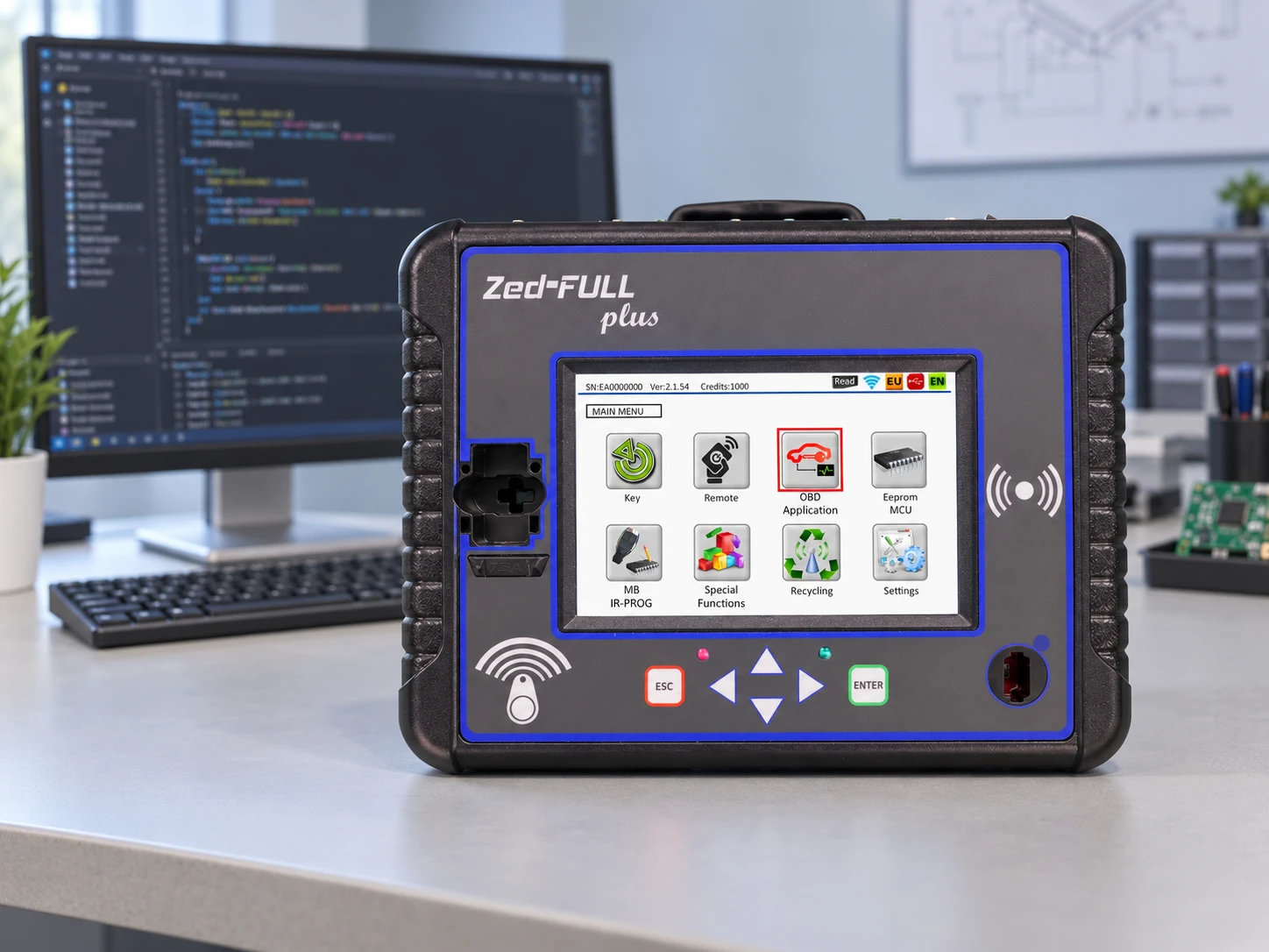 Escena ilustrativa de desarrollo de software con Zed-FULL plus